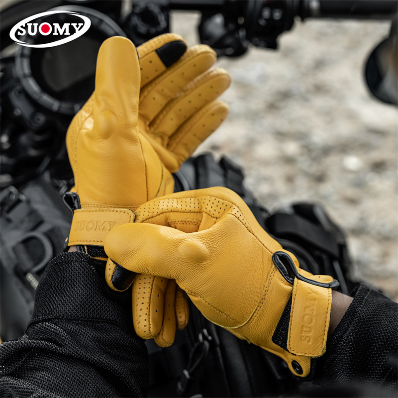 Motorcycle Gear Yellow - Nieperforowane żółte retro skórzane rękawice motocyklowe