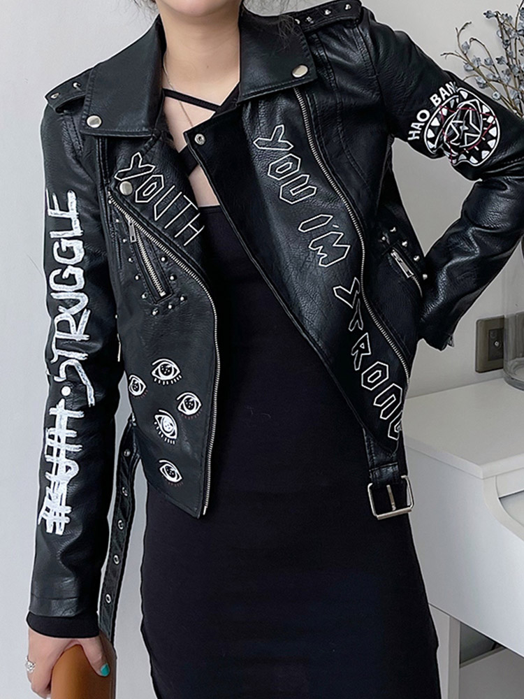 Ailegogo Women Vintage Graffit – Riding Jacket Leather recenzja i cena